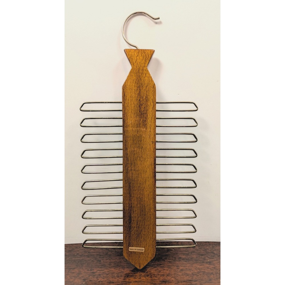 Vintage West Germany Tie Rack Wood Metal 20 Tie Hanger Organizer MCM Closet